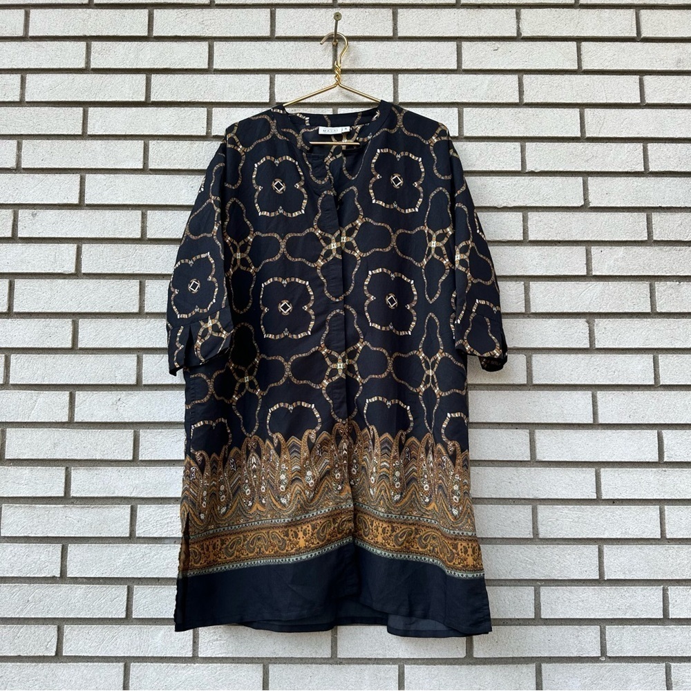 Masai Copenhagen XL Black Gold Patterned Tunic Top Boho Ethnic Print 3/4 Sleeve